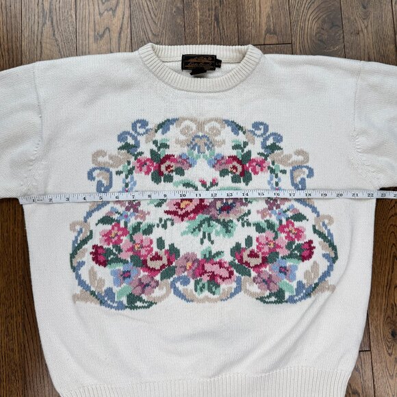 Vintage Eddie Bauer Women's Floral Grandmacore Chunky Heavy Cotton Sweater Large - Picture 7 of 11